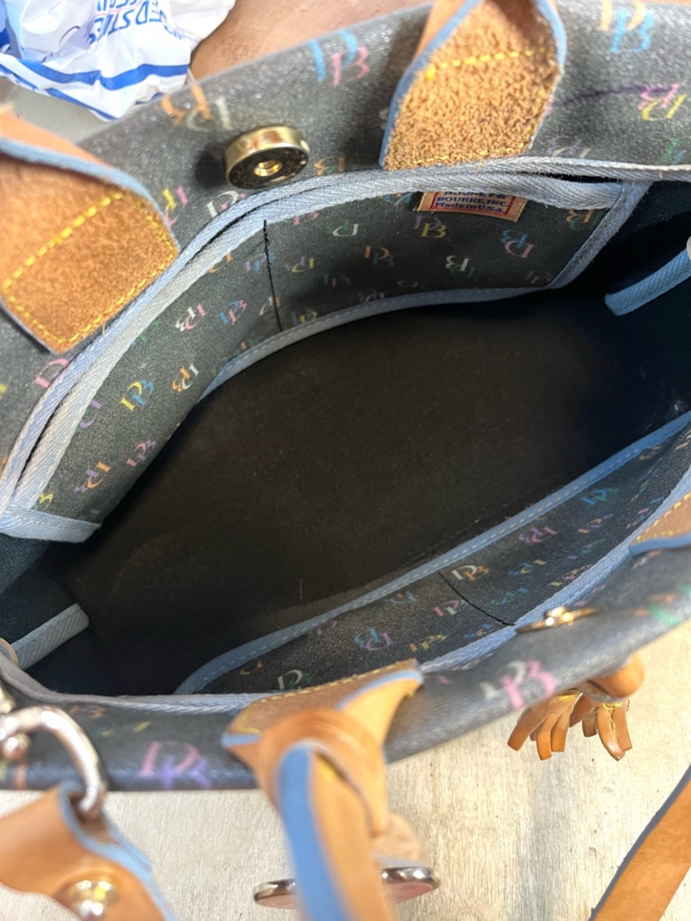 Vintage Dooney & Bourke All Weather Leather Satchel Brown Tan Brass Duck Fob - Picture 12 of 16